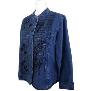 Hannah~Woman Size L~ Blue Denim Cotton Button-Up Long Sleeve Shacket Embroidered
